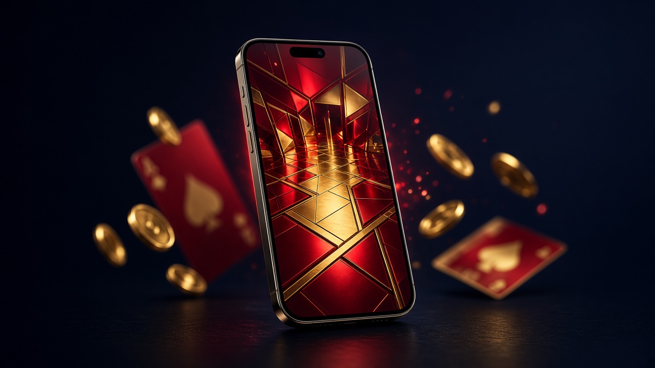 Smartfon z ciemnym ekranem kasyna, złote monety i karty