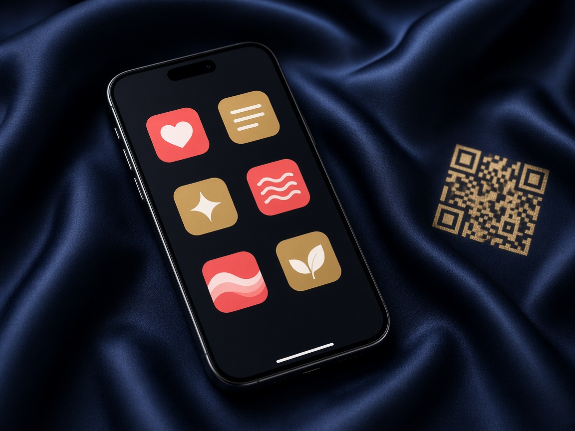 Telefon z ikonami programu i złoty kod QR na ciemnej tkaninie